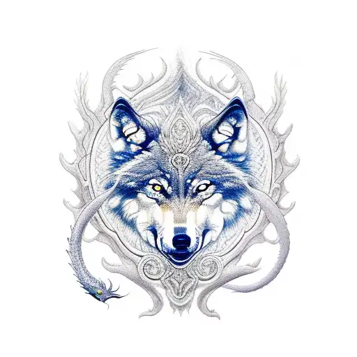 wolf with dragon, phoenix and yin yang tattoo design idea