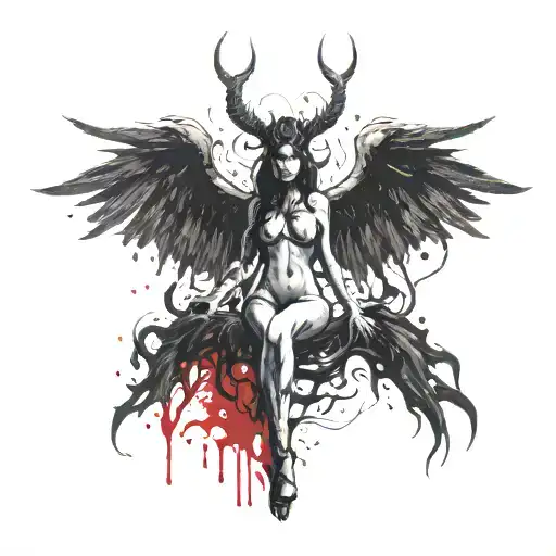Sexy Nude Black silhouette Woman With Horns and just demonic wings, Standing legs open legged dripping in blood. Satanic tattoo design idea