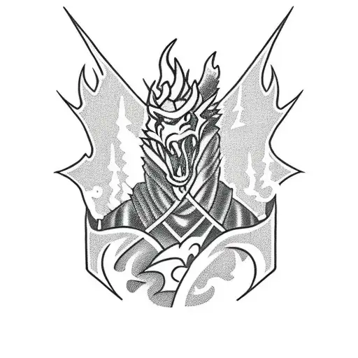 Knight on a hiking trail battling a fire dragon tattoo design idea