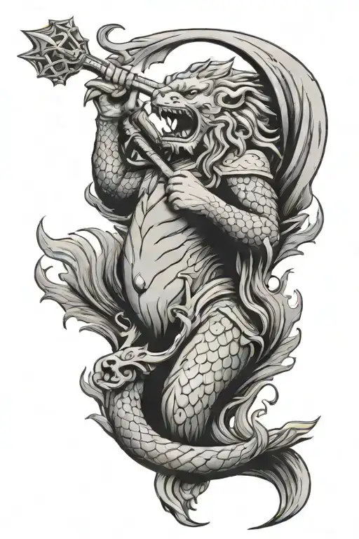 Merlion holding trident surrounded tattoo design idea