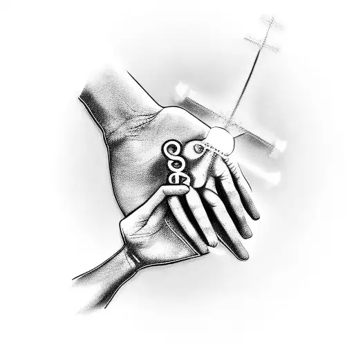 A serene depiction of a doctor's hands holding a glowing cross, representing the healing touch of God tattoo design idea