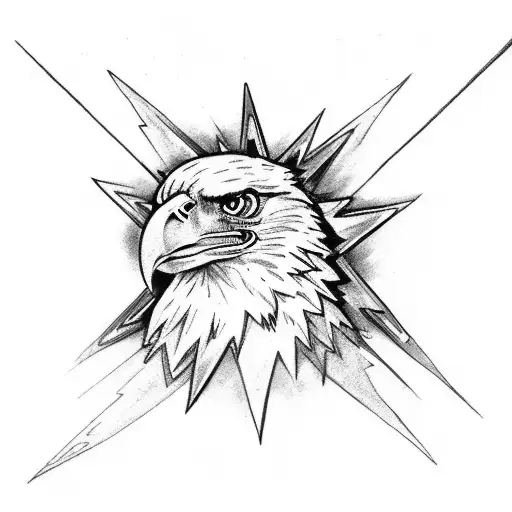 lightning bolts in the background with an eagle with spread wings and a crown above it tattoo design idea