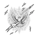 lightning bolts in the background with an eagle with spread wings and a crown above it tattoo design idea