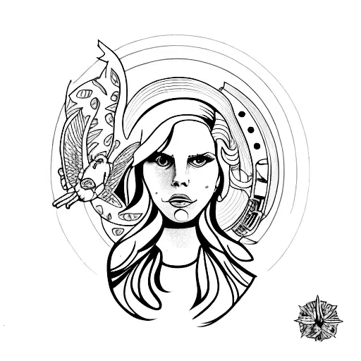 A minimalist tattoo of a linha drawing of Lana Del Rey holding a borboleta, symbolizing her passion for music and her favorite thing. tattoo design idea