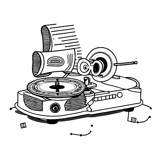 A minimalist tattoo of a record player with Lana Del Rey's albums as vinyl records spinning on it, and a cat sitting beside it. tattoo design idea