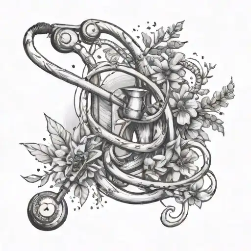 A nurse's stethoscope entwined with heather flowers and stars tattoo design idea