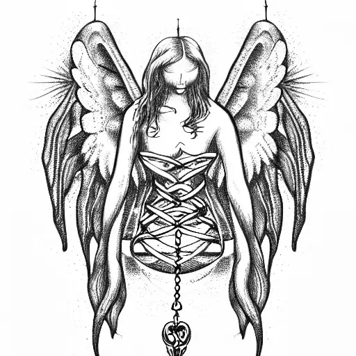 Angel in chains in fire tattoo design idea