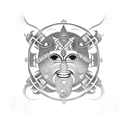 vegvisir line tattoo mixed with half osri lankan dancing mask, elephants and dharmachakra tattoo design idea