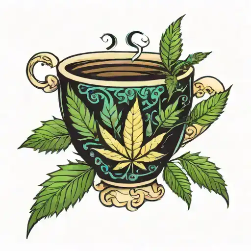 A coffee cup morphing into a cannabis leaf tattoo design idea