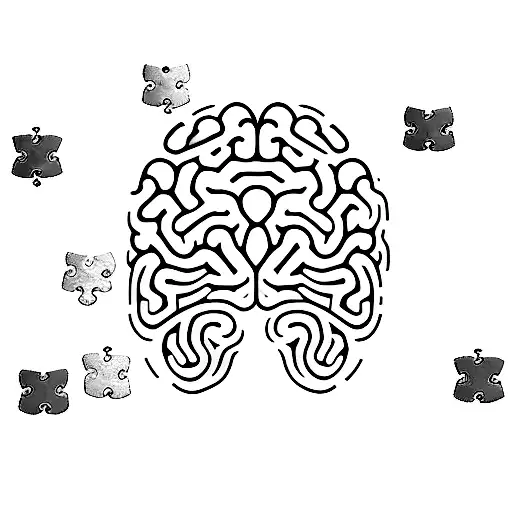 A minimalist tattoo of a jigsaw puzzle piece forming a brain, symbolizing the client's love for puzzles and academia. tattoo design idea
