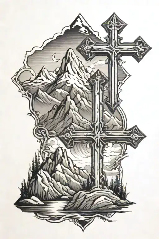 cross with mountains in back ground tattoo design idea