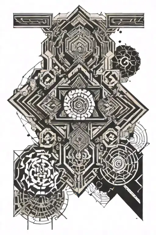 geometric abstract tattoo design with a mix between Buddhist Tibetan culture and Contemporary science fiction literature tattoo design idea