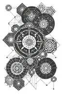 geometric abstract tattoo design with a mix between Buddhist Tibetan culture and Contemporary science fiction literature tattoo design idea