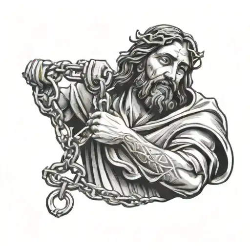 A black and grey tattoo of Jesus breaking chains, symbolizing freedom and redemption, with a subtle nod to the client's occupation as a prison guard tattoo design idea