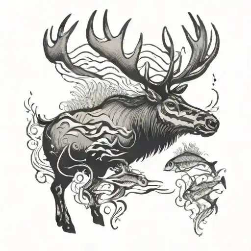School of fish swimming around a silhouette of an elk tattoo design idea
