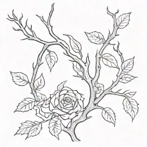A black and white tattoo outline of a bunch of thick old spooky branches on the back of spooky roses with a few leaves tattoo design idea