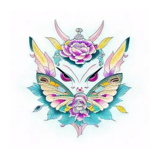  woman with moth, turquoise, lilac and yellow colors tattoo design idea