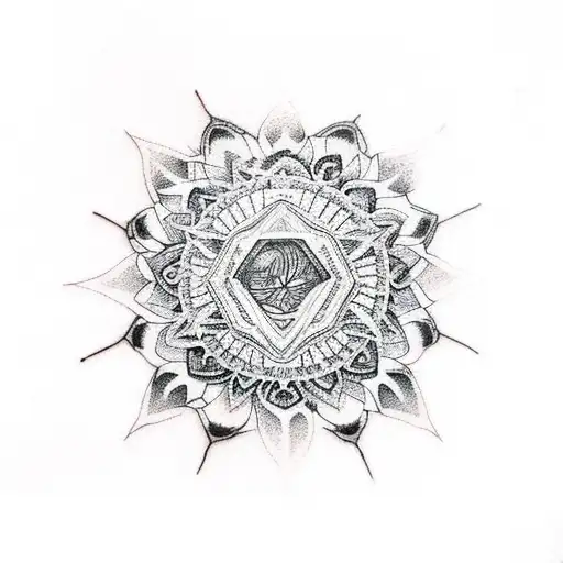 A dotwork tattoo of Illenium's logo surrounded by a mandala tattoo design idea