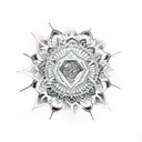 A dotwork tattoo of Illenium's logo surrounded by a mandala tattoo design idea