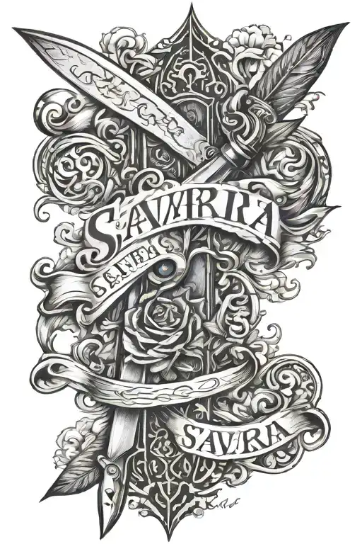 meaningful tattoo of the word "Saveria" in cursive on a knife tattoo design idea