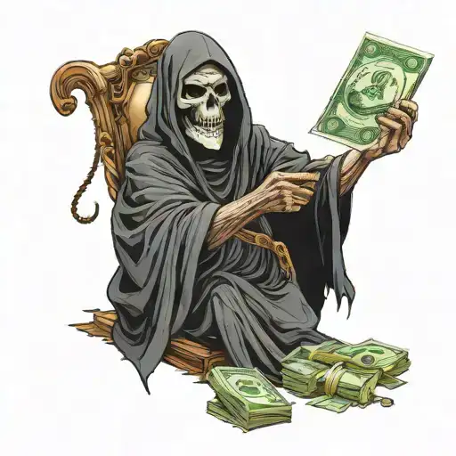 grim reaper spreading money with a cigar in his mouth tattoo design idea