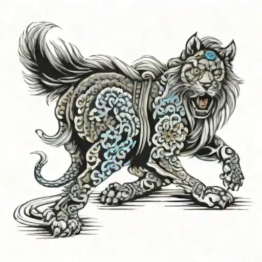 lion dog and samurai warrior tattoo design idea