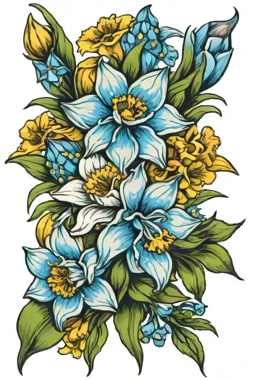 daffodil, snowdrop, poppy flower bouquet with single forget me not tattoo design idea