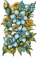 daffodil, snowdrop, poppy flower bouquet with single forget me not tattoo design idea