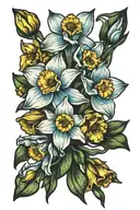 daffodil, snowdrop, poppy flower bouquet with single forget me not tattoo design idea