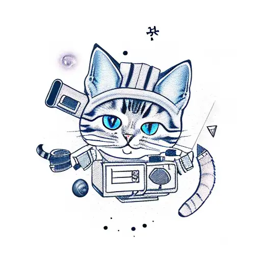 A new-school tattoo featuring a cute cat character dressed as a programmer, surrounded by gaming symbols and hiking gear. tattoo design idea