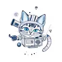 A new-school tattoo featuring a cute cat character dressed as a programmer, surrounded by gaming symbols and hiking gear. tattoo design idea