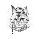 A new-school tattoo featuring a cute cat character dressed as a programmer, surrounded by gaming symbols and hiking gear. tattoo design idea