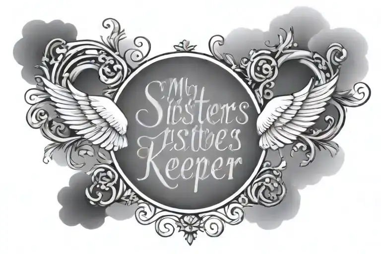 my sisters keeper centered in cursive surounded by shadedclouds and with the date july 3rd 2010 in roman numerals tattoo design idea