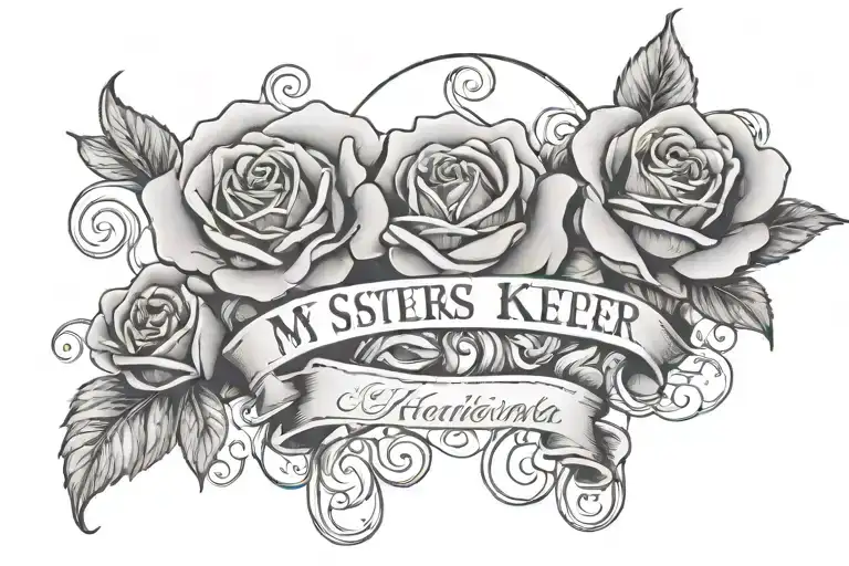 my sisters keeper centered in cursive surounded by clouds and a rose with the date july 3rd 2010 in roman numerals tattoo design idea
