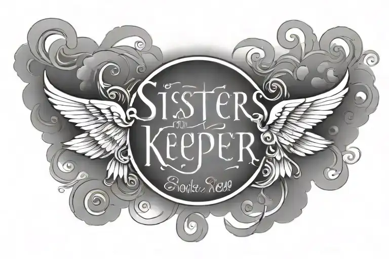 my sisters keeper centered in cursive surounded by shadedclouds and with the date july 3rd 2010 in roman numerals tattoo design idea