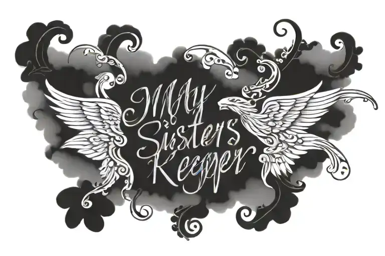 my sisters keeper centered in cursive surounded by shadedclouds and with the date july 3rd 2010 in roman numerals tattoo design idea