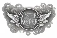 my sisters keeper centered in cursive surounded by shadedclouds and with the date july 3rd 2010 in roman numerals tattoo design idea