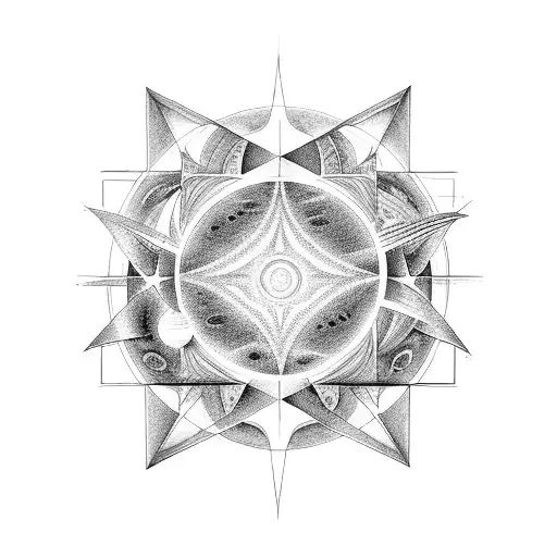 sacred geometry infused with ancient temples landscapes and outer space with planets tattoo design idea