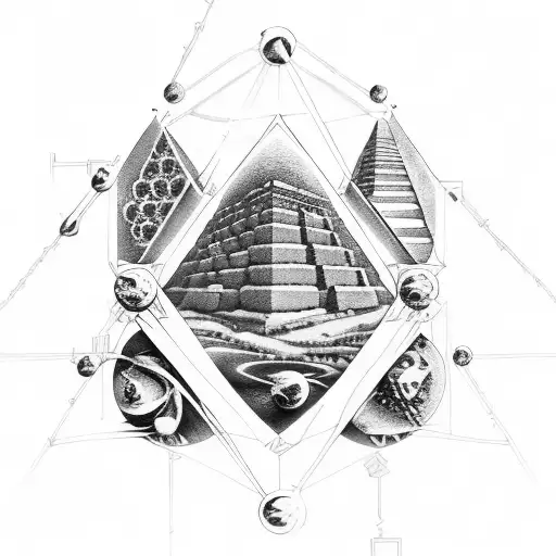 ancient civilizations temples and pyramids with double helix connecting atoms to outer space tattoo design idea