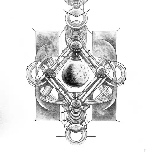 ancient civilizations temples and pyramids with double helix connecting atoms to outer space tattoo design idea