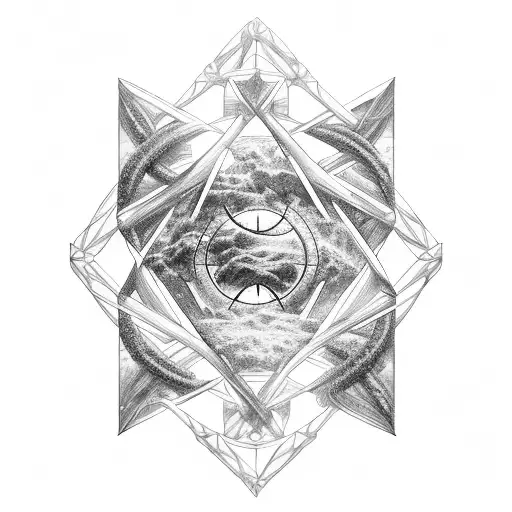 aancient civilizations landscapes with double helix connecting atoms to outer space tattoo design idea