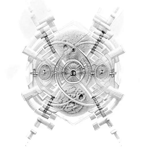 aancient civilizations landscapes with double helix connecting atoms to outer space tattoo design idea