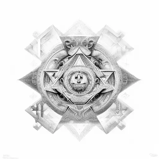 fusion of egyption and sumarian relics connected with double helox starting from geometric patterns and outer space tattoo design idea