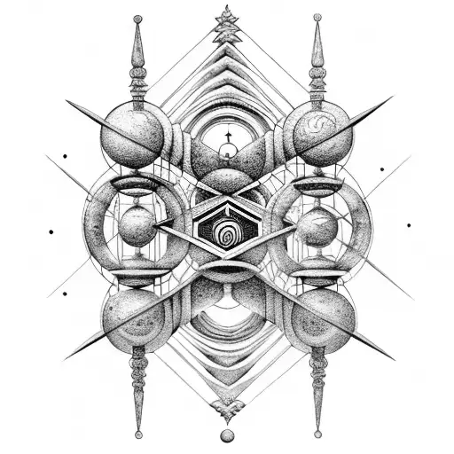 sacred geometryin the form of a double helix infused with ancient temples landscapes and outer space with planets tattoo design idea