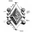 ancient civilizations temples and pyramids with double helix connecting atoms to outer space tattoo design idea
