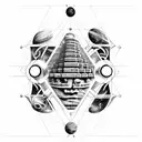 ancient civilizations temples  with double helix connecting atoms to space planets and galaxies tattoo design idea