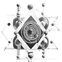 ancient civilizations temples  with double helix connecting atoms to space planets and galaxies tattoo design idea