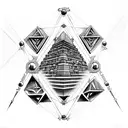 ancient civilizations temples and pyramids with double helix connecting atoms to outer space tattoo design idea