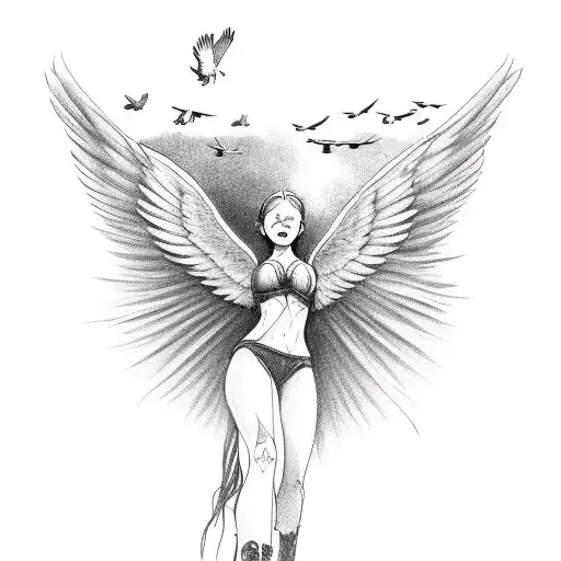 fallen angel flying looking up surrounded by crows tattoo design idea