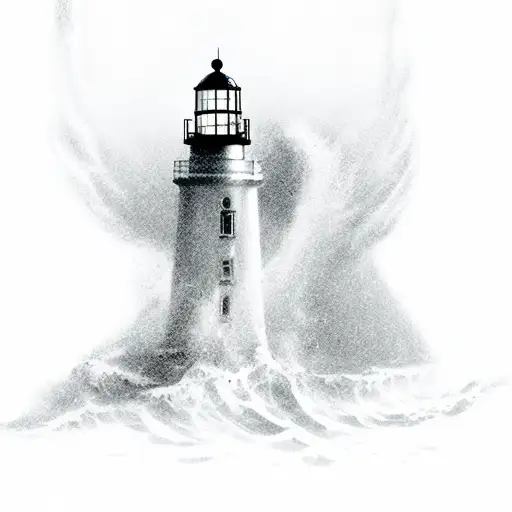 water splashing on the bottom of lighthouse where on the top a big angel flying looking up where there in an eye tattoo design idea